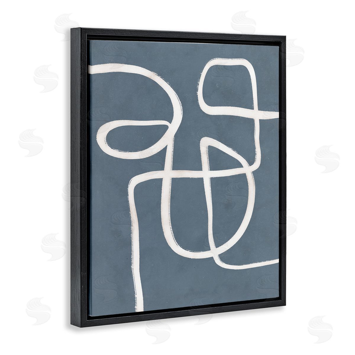 Nina Blue Round White Squiggles Contemporary Abstract Black Floating Frame Canvas Wall Art Print