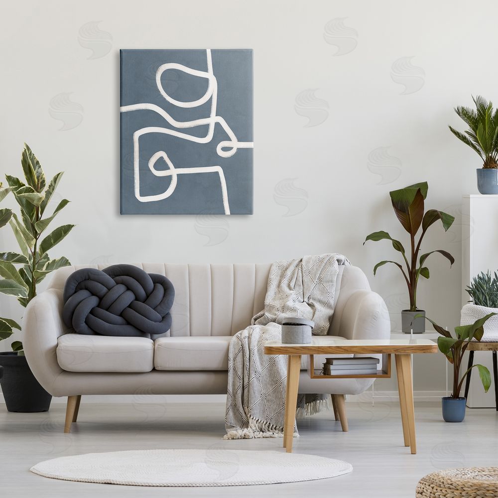 Nina Blue Abstract Squiggle Shape Contemporary Paint Stroke Canvas Wall Art Print in Room