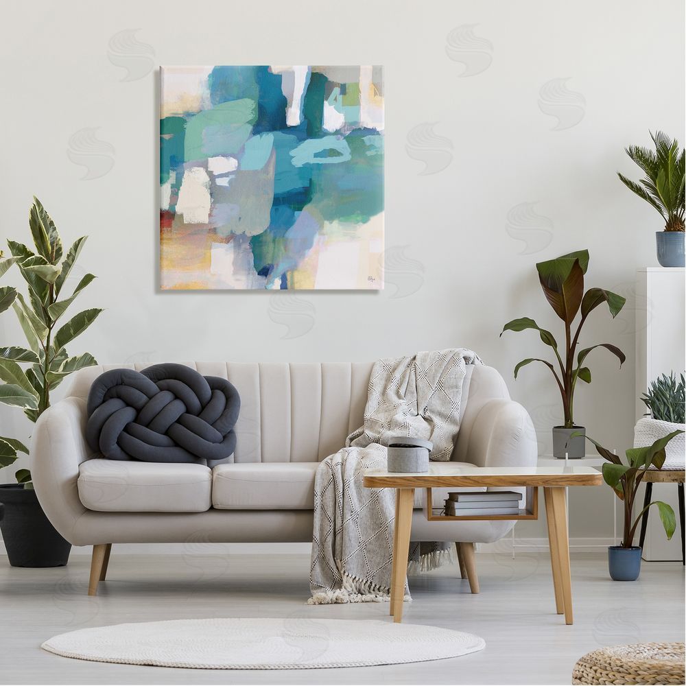 Lisa Ridgers Layered Blue Paint Strokes Dense Abstract Painting Canvas Wall Art in Room