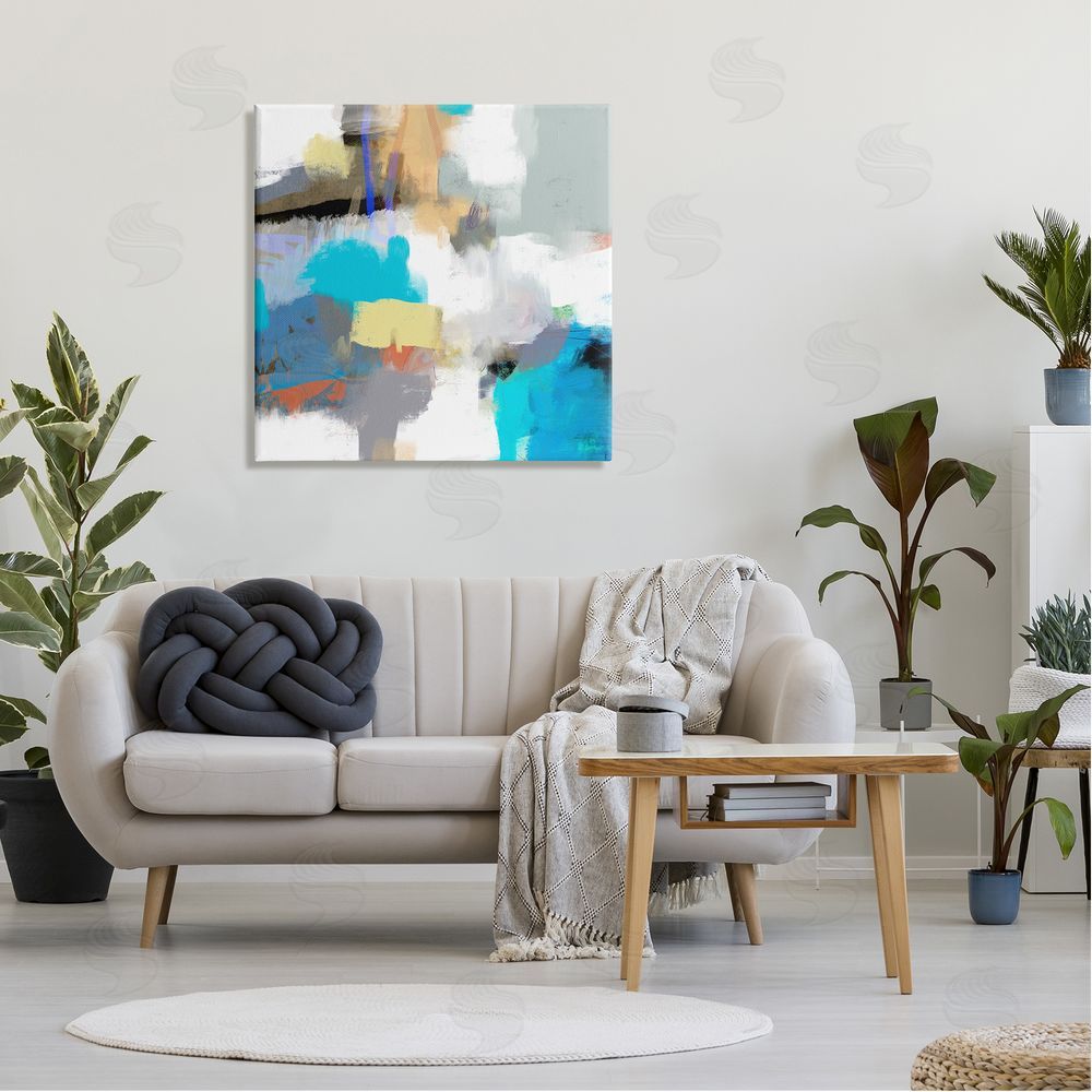 Lisa Ridgers Abstract Paint Strokes Vivid Blue Detail Scribbles Canvas Wall Art in Room