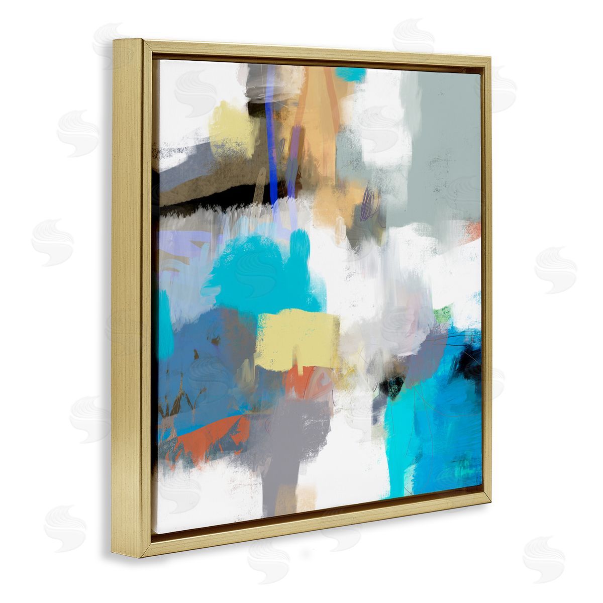 Lisa Ridgers Abstract Paint Strokes Vivid Blue Detail Scribbles Gold Floating Frame Canvas Wall Art Print