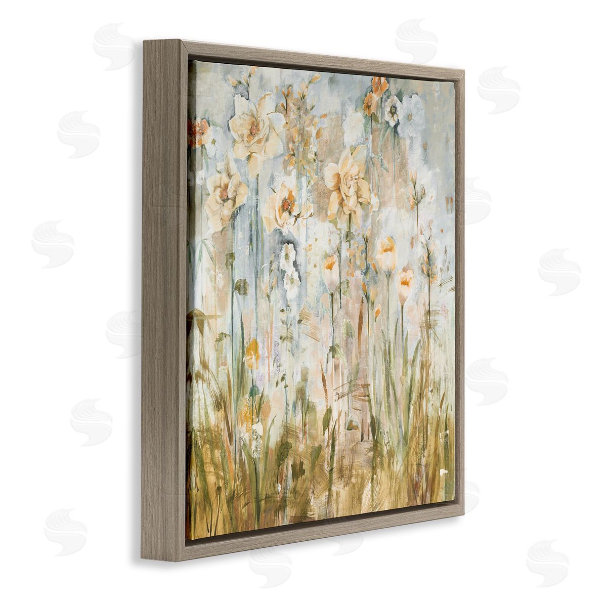 Jill Martin Varied Blooming Flowers Among Grasses Boho Painting Brown Floating Frame Canvas Wall Art Print