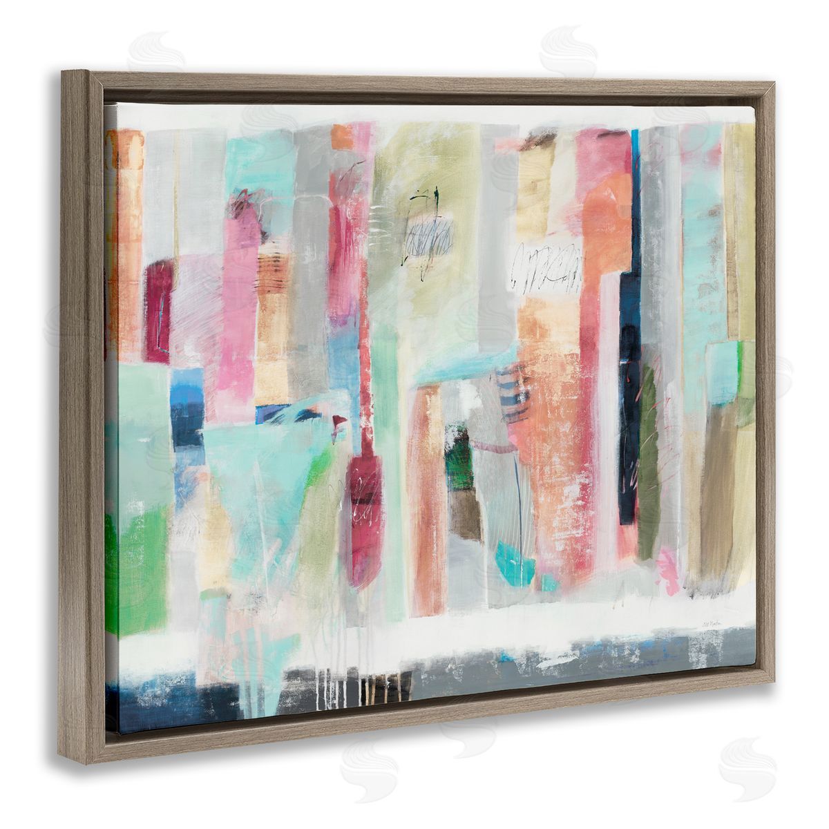 Jill Martin Abstract Blocked Line Shapes Modern Scribble Detail Brown Floating Frame Canvas Wall Art Print