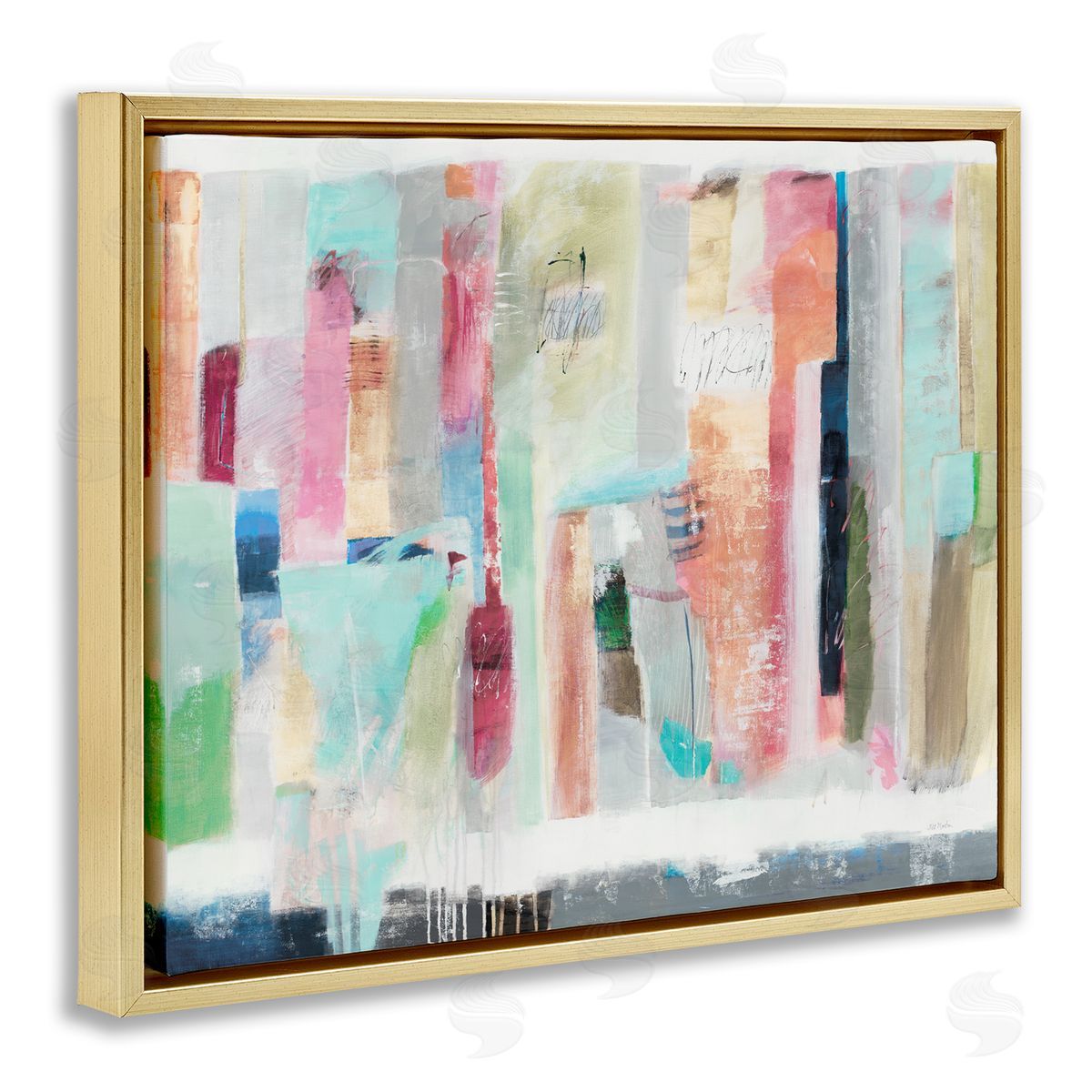 Jill Martin Abstract Blocked Line Shapes Modern Scribble Detail Gold Floating Frame Canvas Wall Art Print