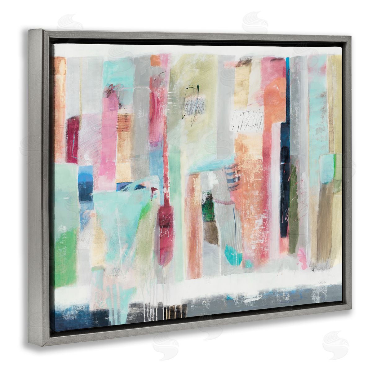 Jill Martin Abstract Blocked Line Shapes Modern Scribble Detail Gray Floating Frame Canvas Wall Art Print