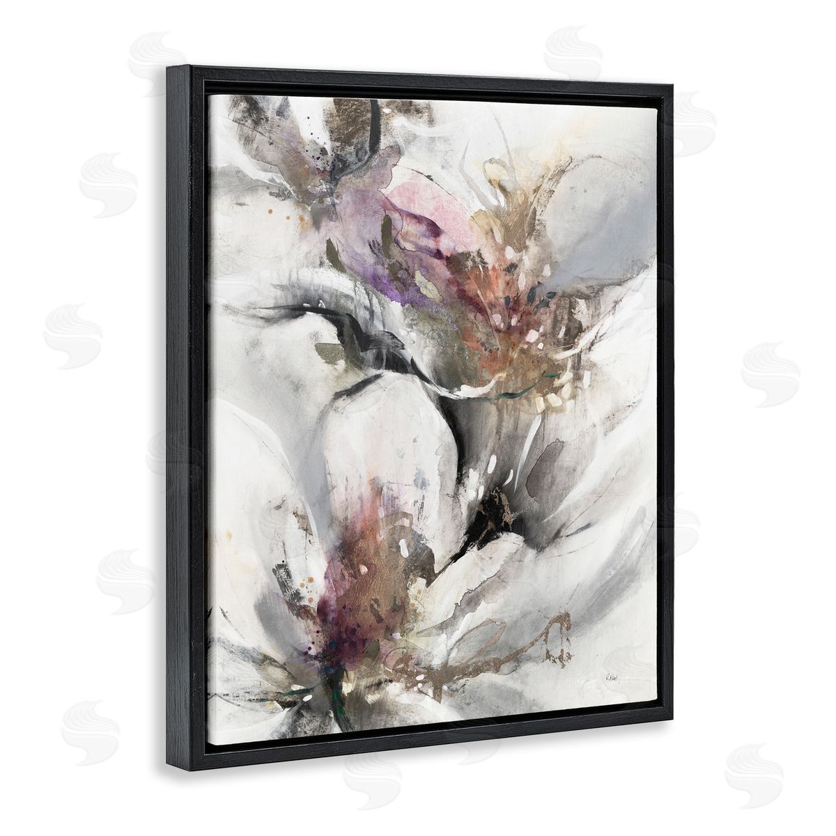 K. Nari Abstract Floral Blossoms White Petals Nature Black Floating Frame Canvas Wall Art Print