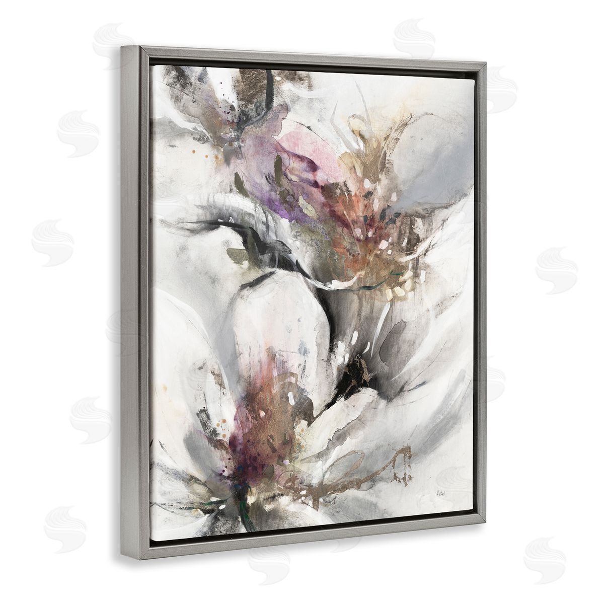 K. Nari Abstract Floral Blossoms White Petals Nature Gray Floating Frame Canvas Wall Art Print