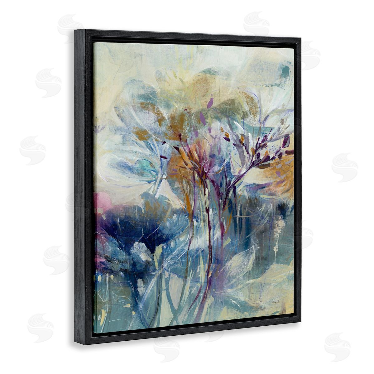 K. Nari Blooming Floral Blossoms Layered Botanical Outline Painting Black Floating Frame Canvas Wall Art Print
