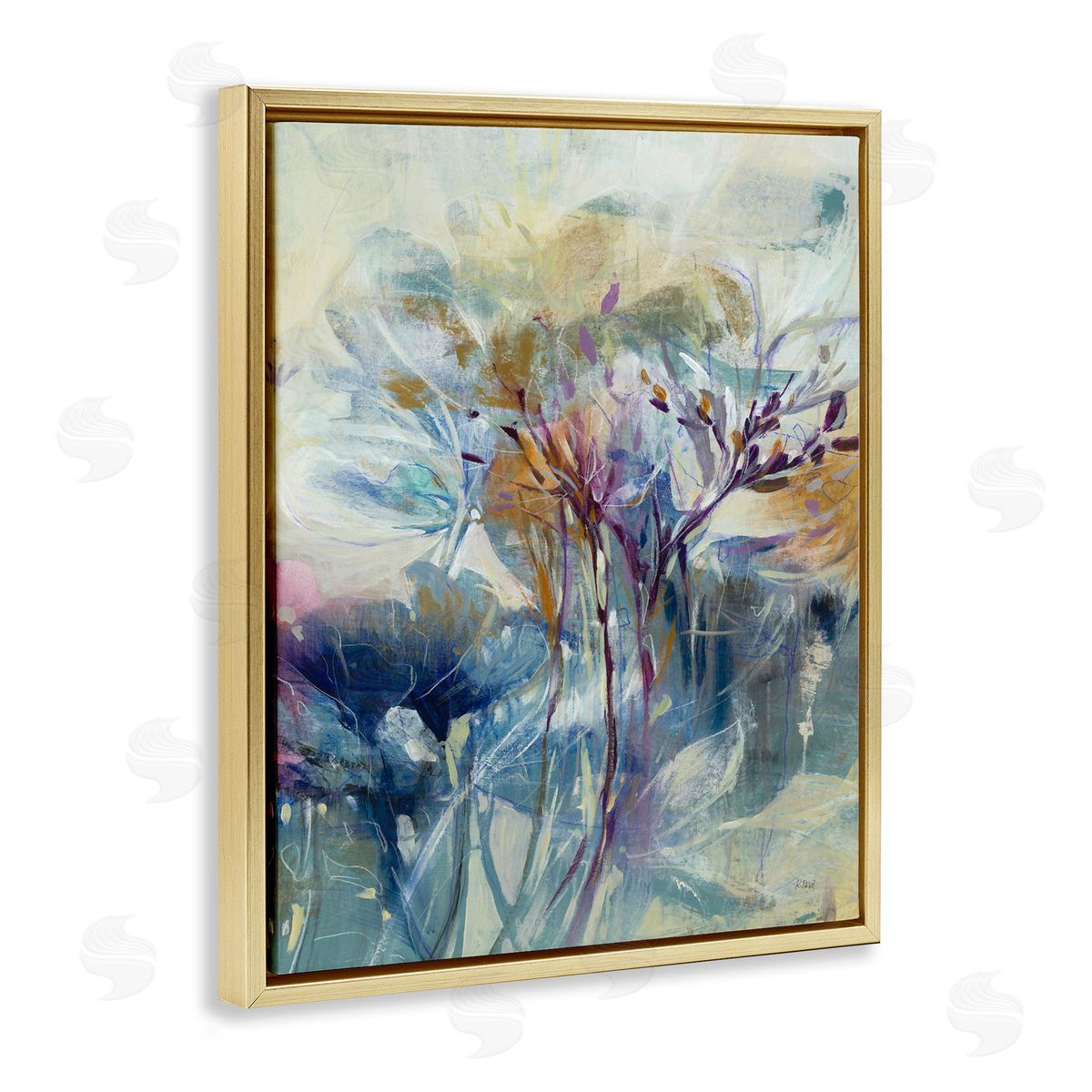 K. Nari Blooming Floral Blossoms Layered Botanical Outline Painting Gold Floating Frame Canvas Wall Art Print