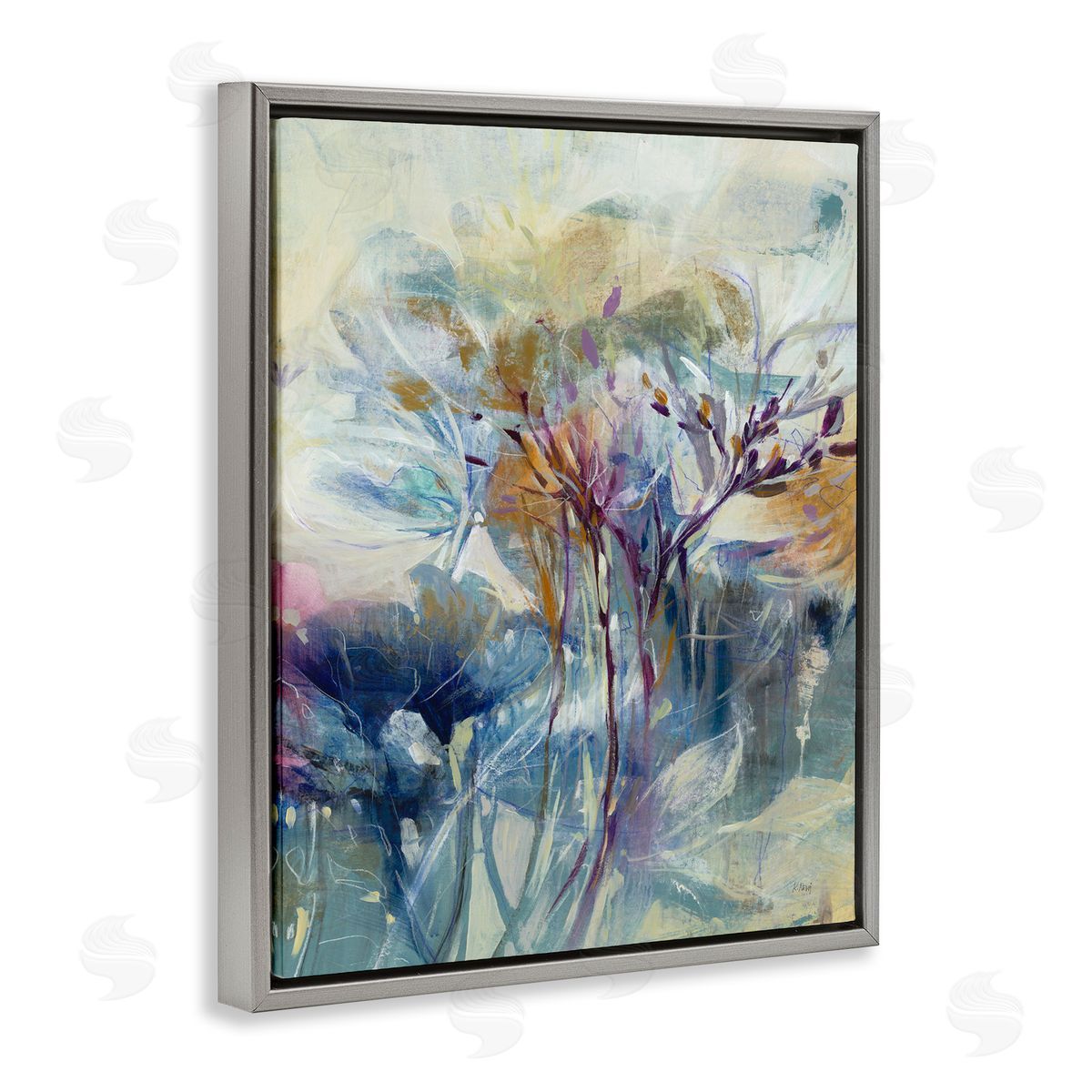 K. Nari Blooming Floral Blossoms Layered Botanical Outline Painting Gray Floating Frame Canvas Wall Art Print