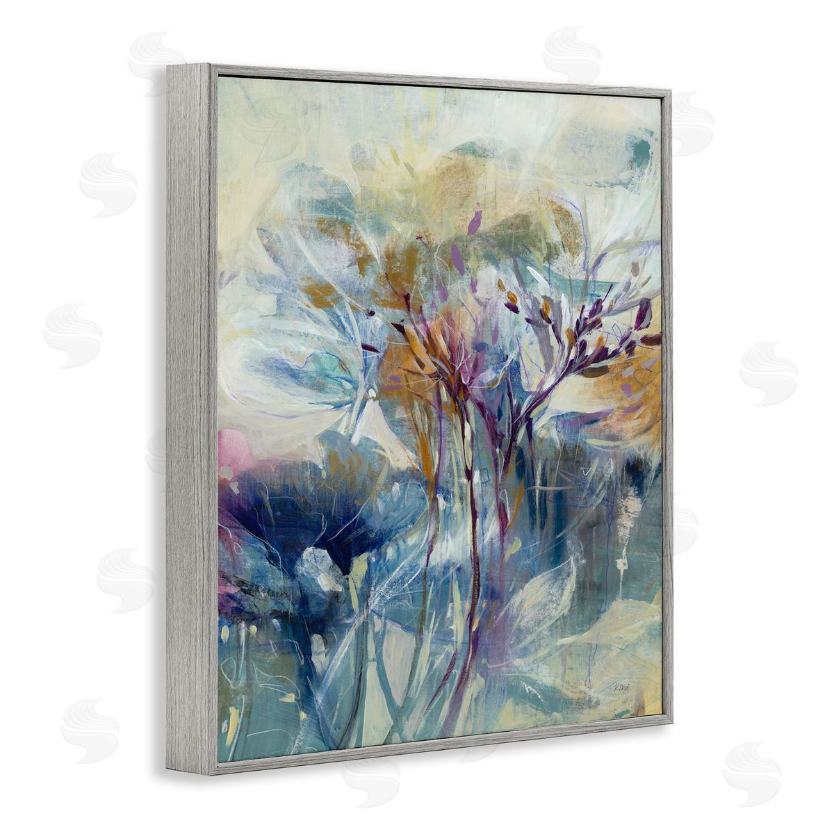 K. Nari Blooming Floral Blossoms Layered Botanical Outline Painting Gray Framed Giclee Wall Art Print