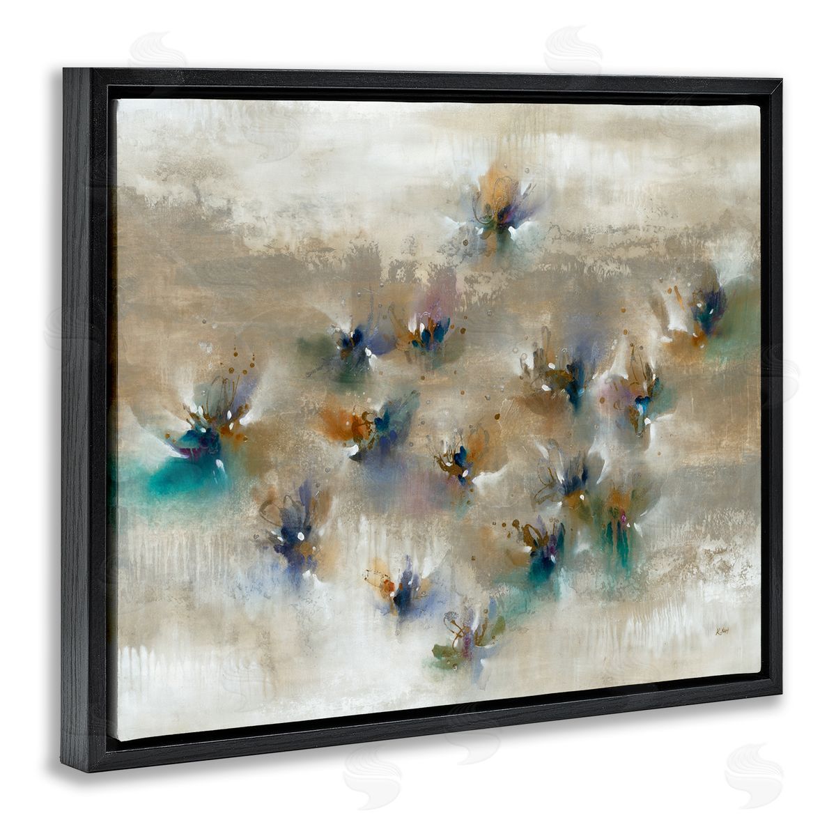 K. Nari Earthy Abstract Floral Petals Boho Paint Drip  Black Floating Frame Canvas Wall Art Print