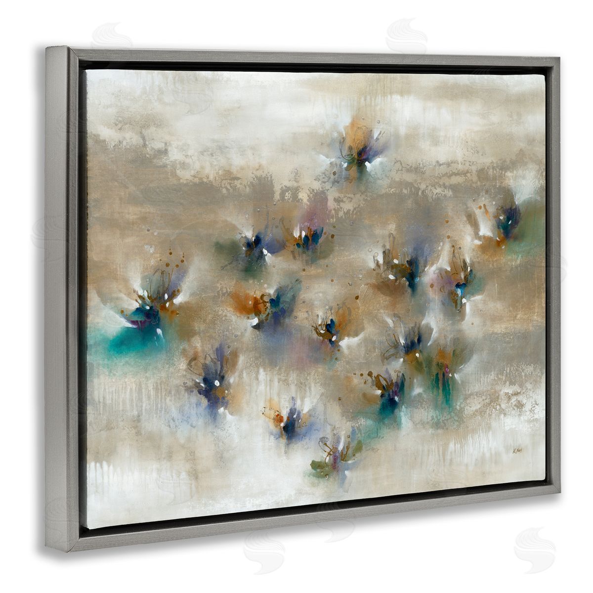 K. Nari Earthy Abstract Floral Petals Boho Paint Drip  Gray Floating Frame Canvas Wall Art Print