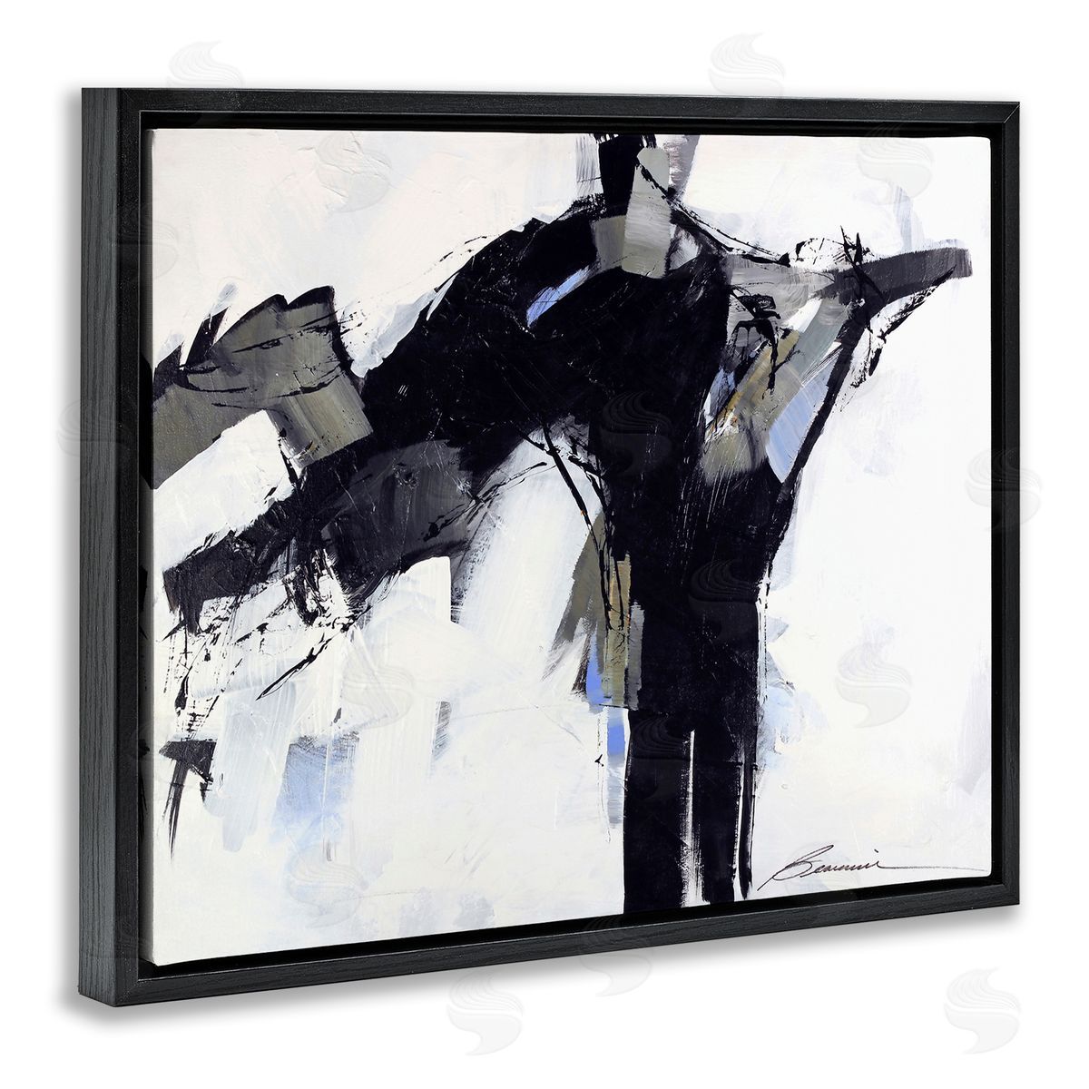 Beau Wild Ink Drip Flat Brush Strokes Modern Industrial Black Floating Frame Canvas Wall Art Print