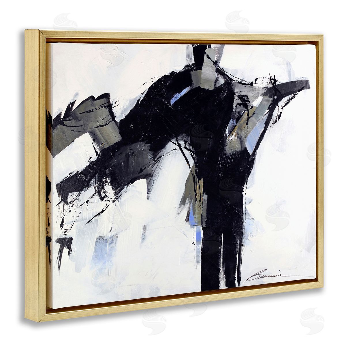 Beau Wild Ink Drip Flat Brush Strokes Modern Industrial Gold Floating Frame Canvas Wall Art Print