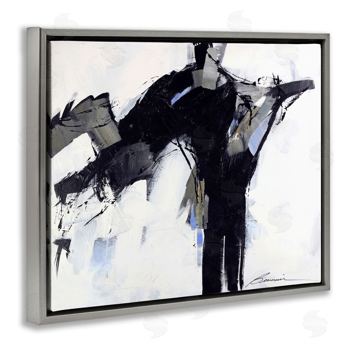 Beau Wild Ink Drip Flat Brush Strokes Modern Industrial Gray Floating Frame Canvas Wall Art Print
