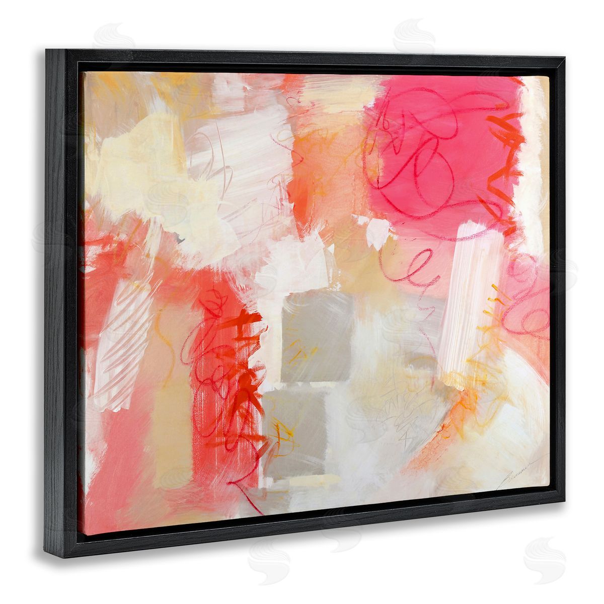 Beau Wild Vivid Pink Geometric Shapes Scribble Doodle Lines  Black Floating Frame Canvas Wall Art Print