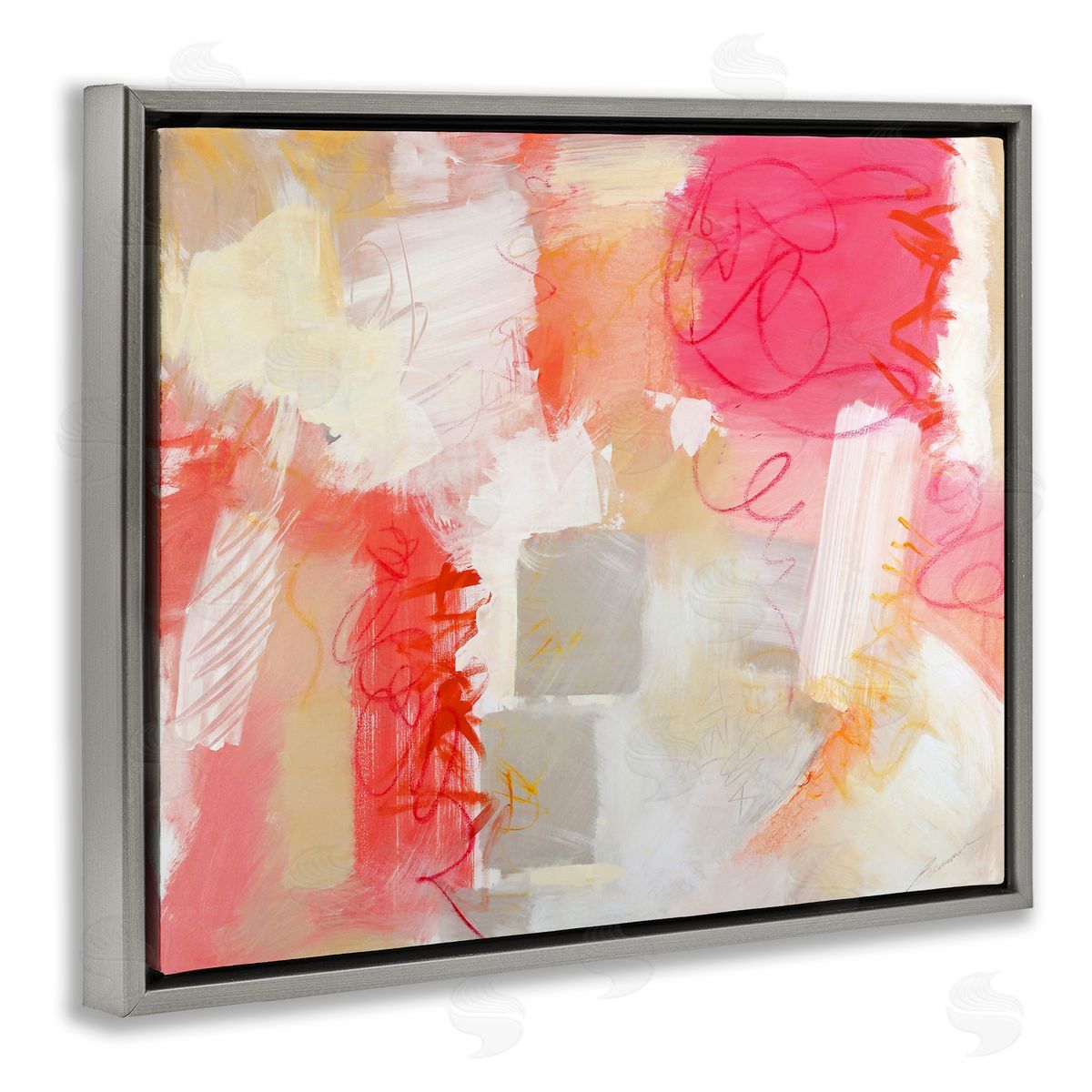 Beau Wild Vivid Pink Geometric Shapes Scribble Doodle Lines  Gray Floating Frame Canvas Wall Art Print