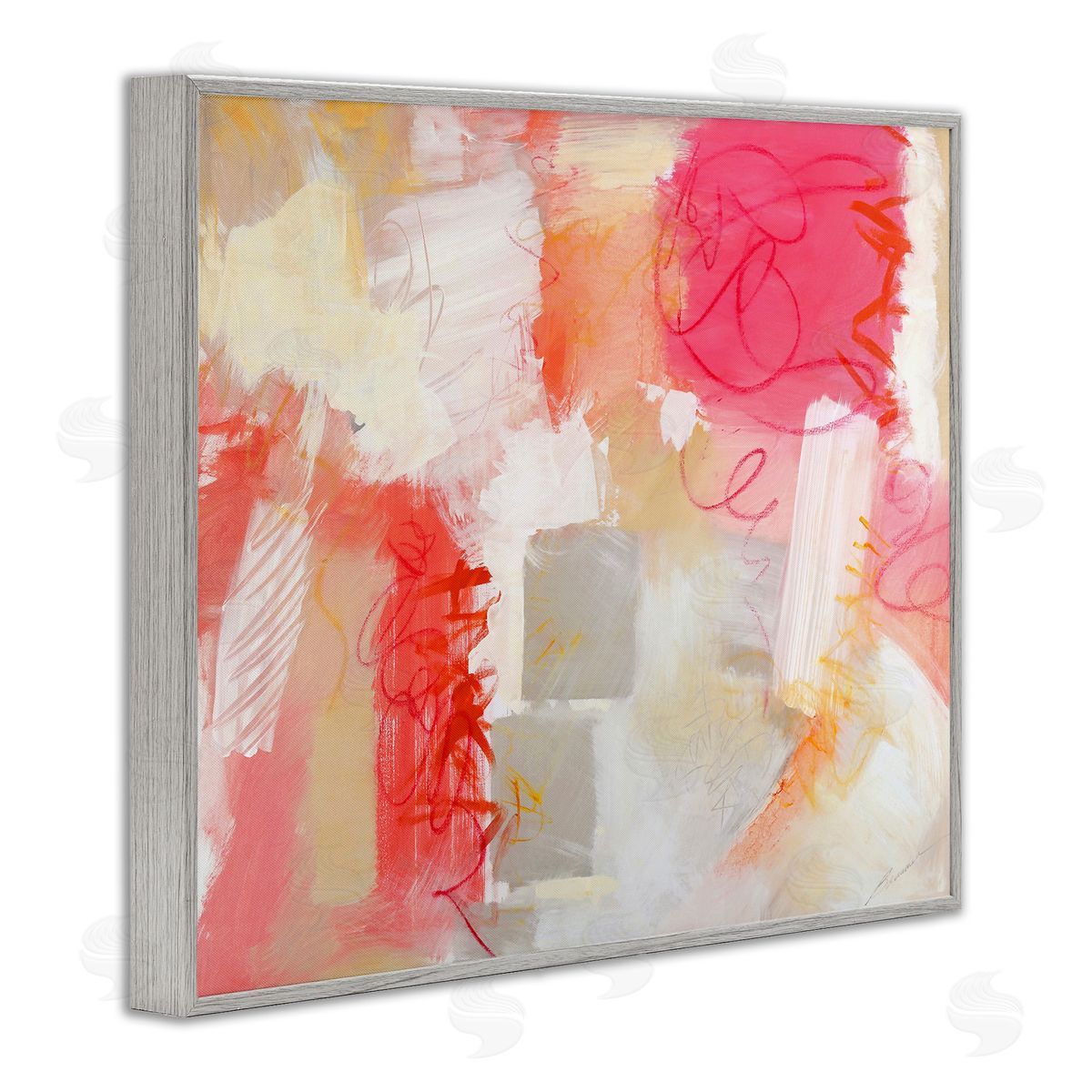 Beau Wild Vivid Pink Geometric Shapes Scribble Doodle Lines  Gray Framed Giclee Wall Art Print