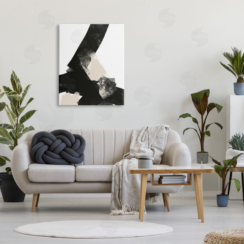 Brandon Wong Bold Black Shapes Curved Stripe Abstract Painting Canvas Wall Art Print in Room