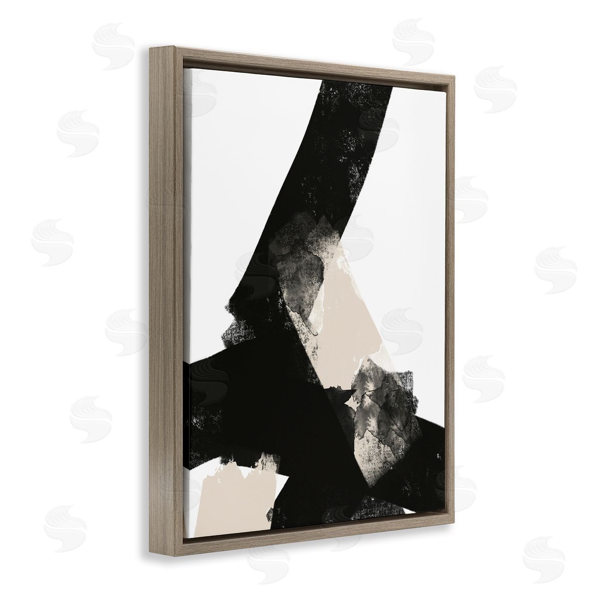 Brandon Wong Bold Black Shapes Curved Stripe Abstract Painting Brown Floating Frame Canvas Wall Art Print