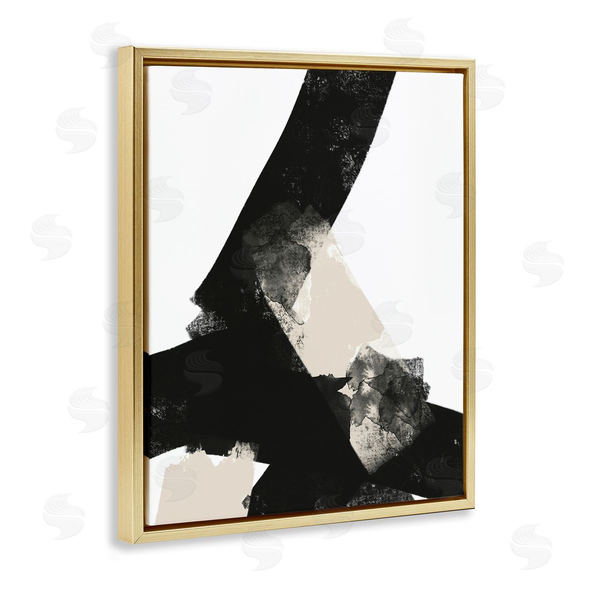 Brandon Wong Bold Black Shapes Curved Stripe Abstract Painting Gold Floating Frame Canvas Wall Art Print