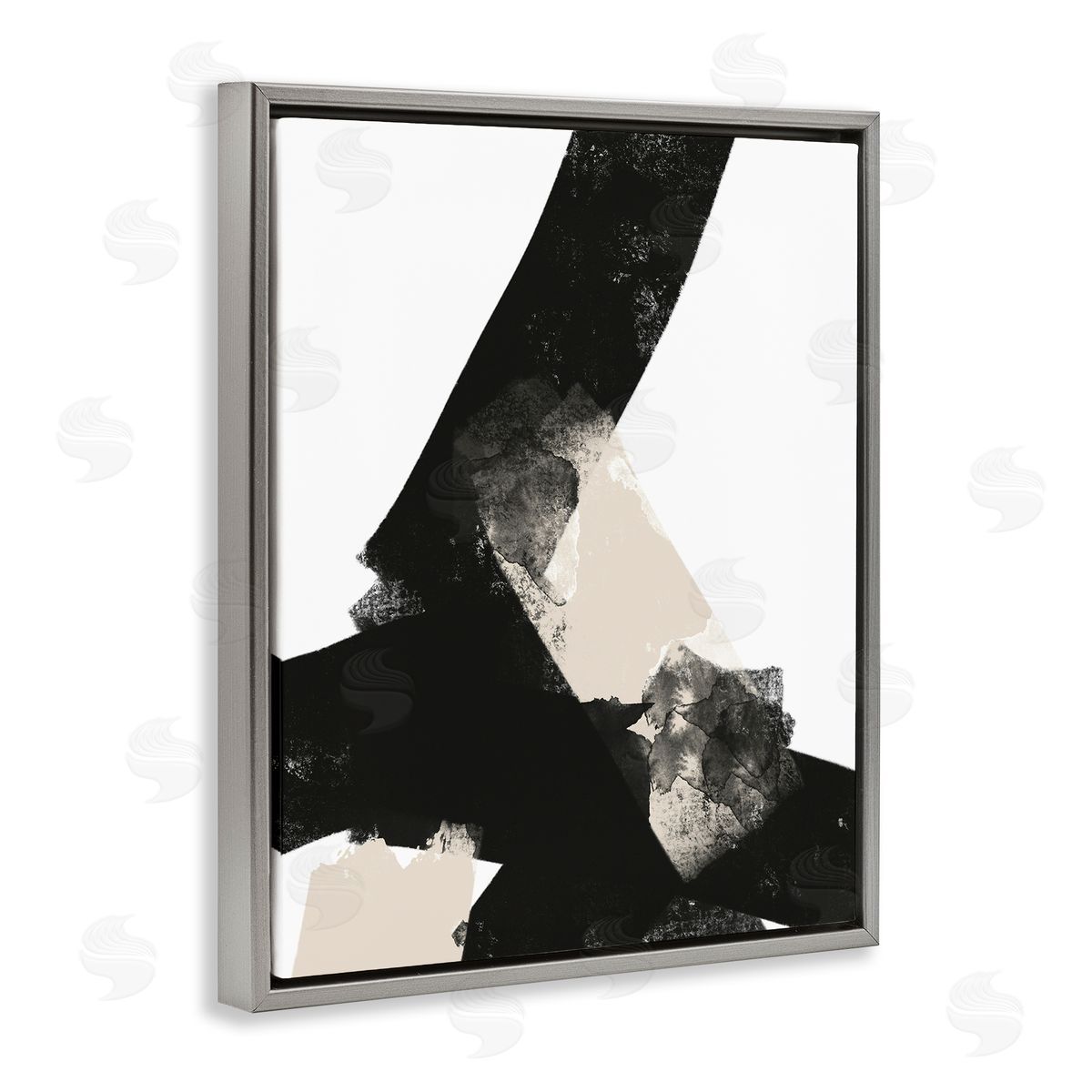 Brandon Wong Bold Black Shapes Curved Stripe Abstract Painting Gray Floating Frame Canvas Wall Art Print