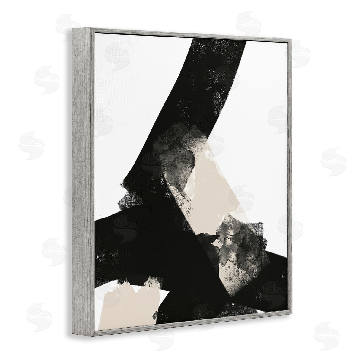 Brandon Wong Bold Black Shapes Curved Stripe Abstract Painting Gray Framed Giclee Wall Art Print