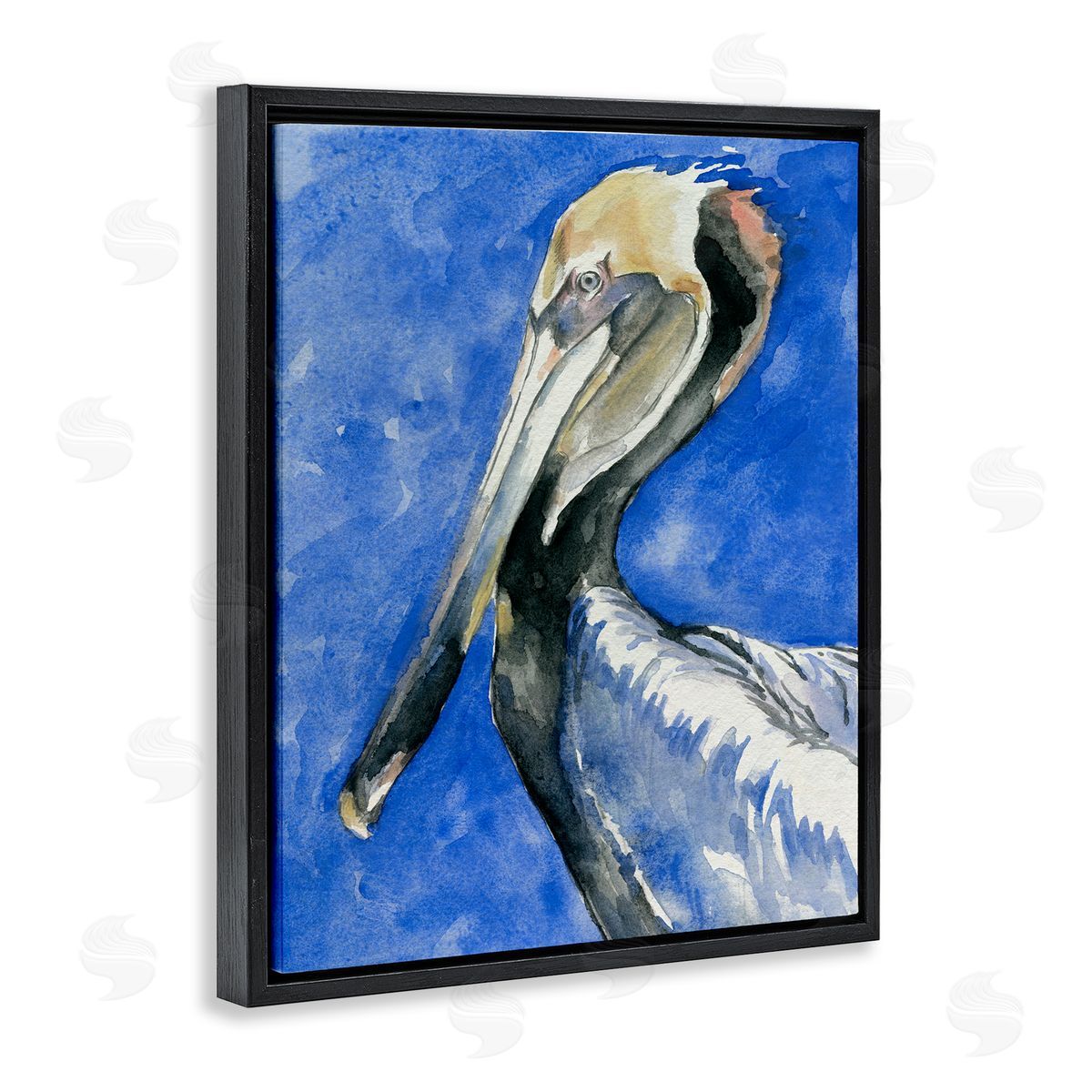 Jennifer Paxton Parker Vivid Pelican Wildlife Bird Blue Watercolor Detail  Black Floating Frame Canvas Wall Art Print