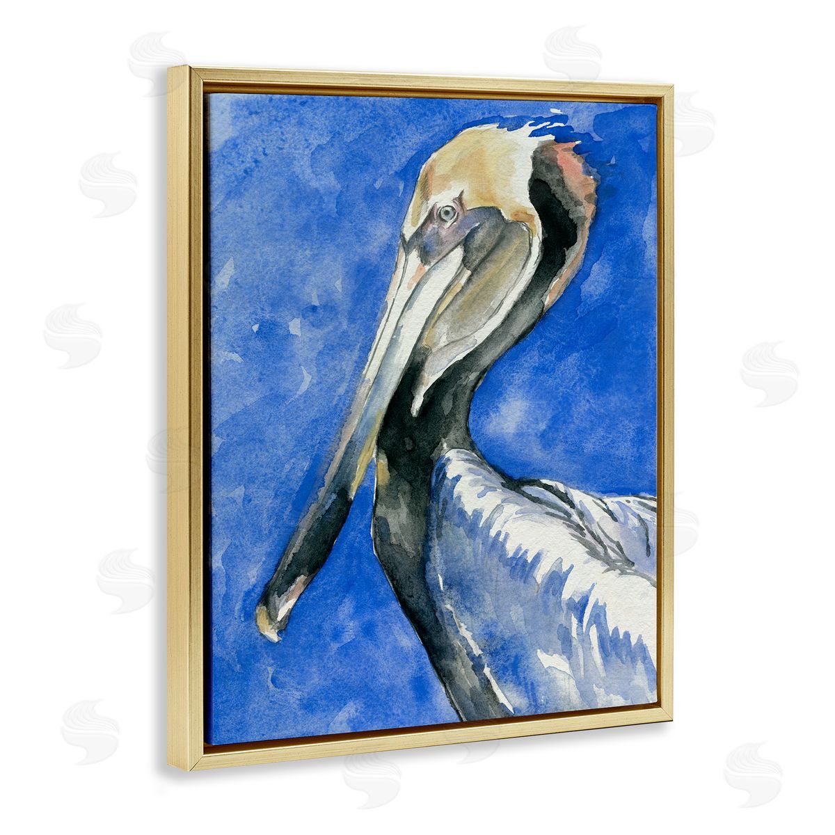 Jennifer Paxton Parker Vivid Pelican Wildlife Bird Blue Watercolor Detail  Gold Floating Frame Canvas Wall Art Print