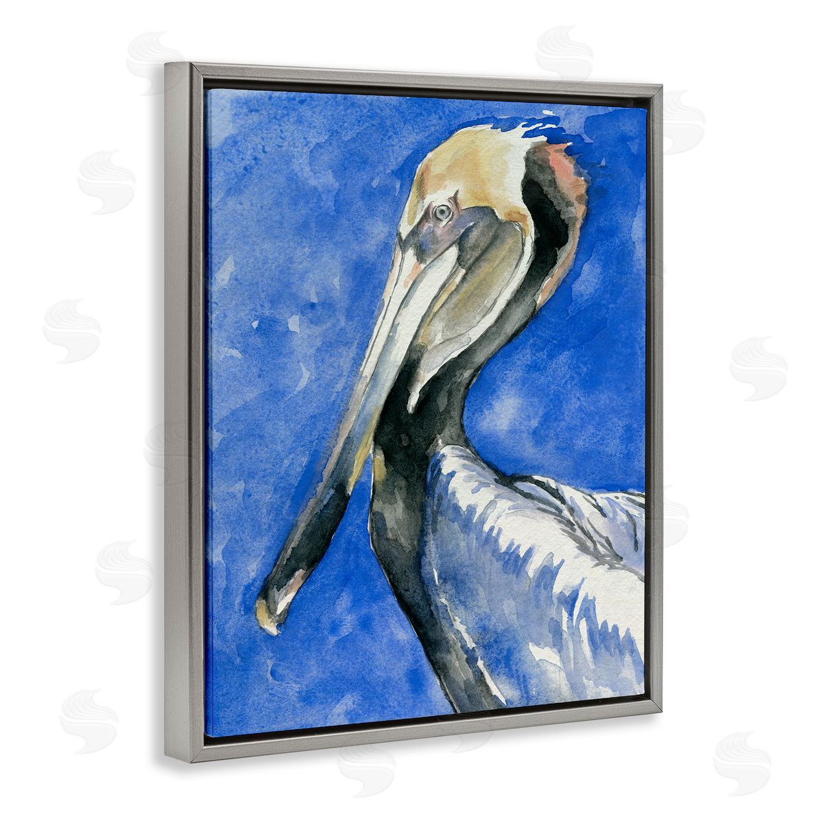 Jennifer Paxton Parker Vivid Pelican Wildlife Bird Blue Watercolor Detail  Gray Floating Frame Canvas Wall Art Print