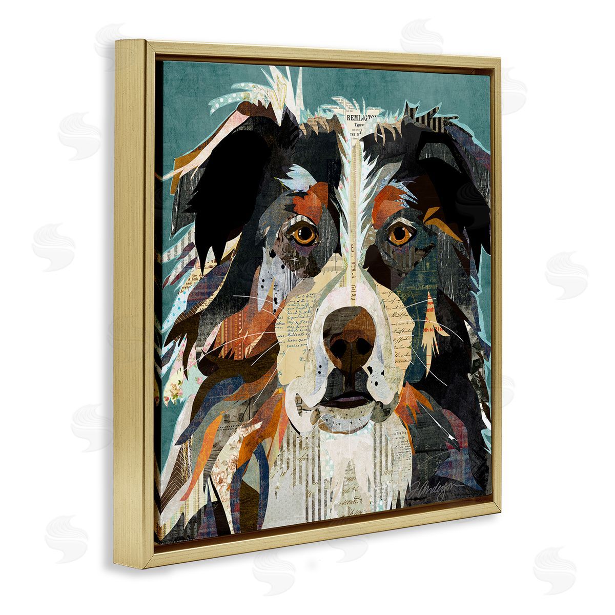 Traci Anderson Fluffy Dog Portrait Modern Script Collage Overlay Gold Floating Frame Canvas Wall Art Print