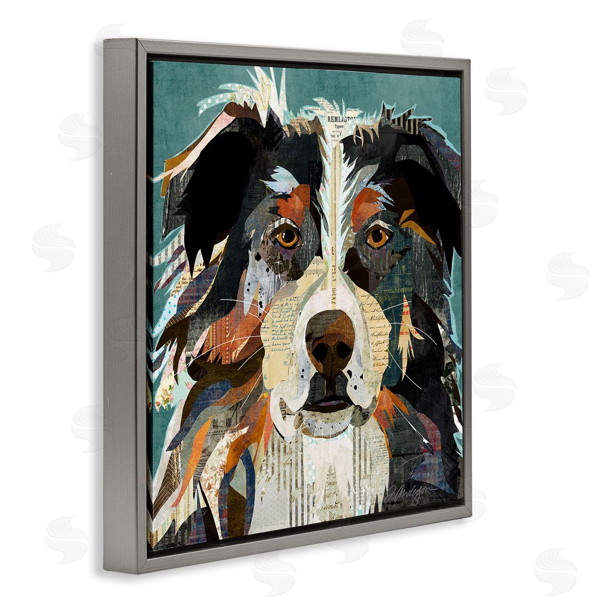 Traci Anderson Fluffy Dog Portrait Modern Script Collage Overlay Gray Floating Frame Canvas Wall Art Print