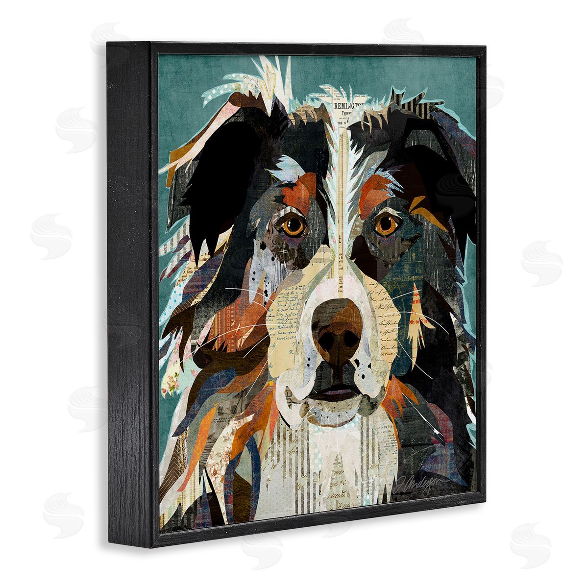 Traci Anderson Fluffy Dog Portrait Modern Script Collage Overlay Black Framed Glicee Wall Art Print