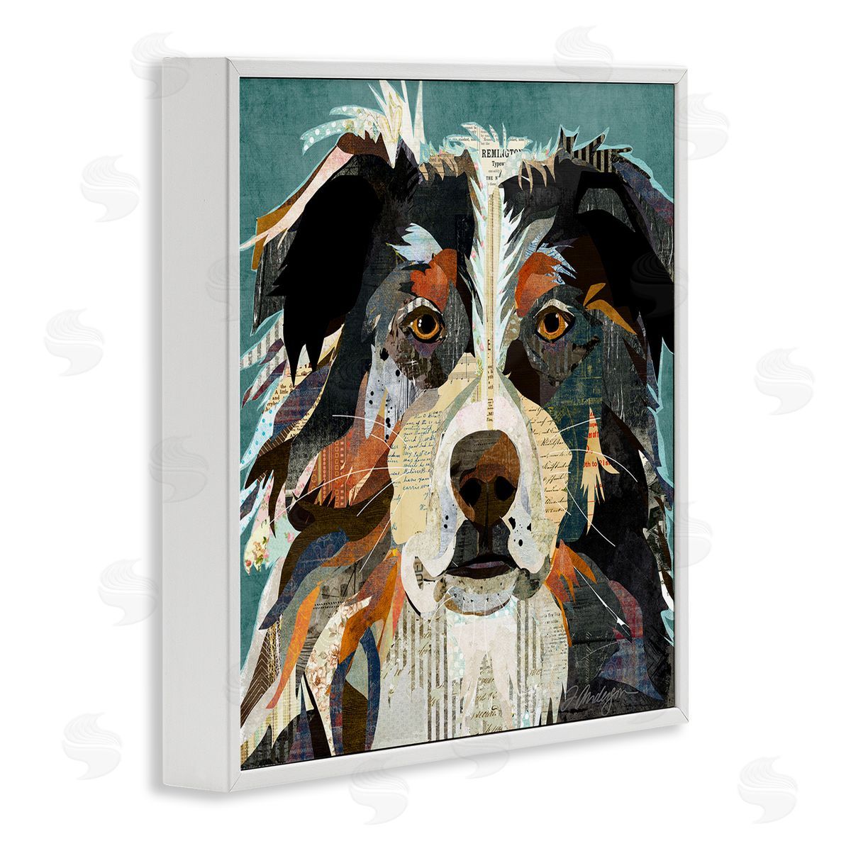 Traci Anderson Fluffy Dog Portrait Modern Script Collage Overlay White Framed Glicee Wall Art Print