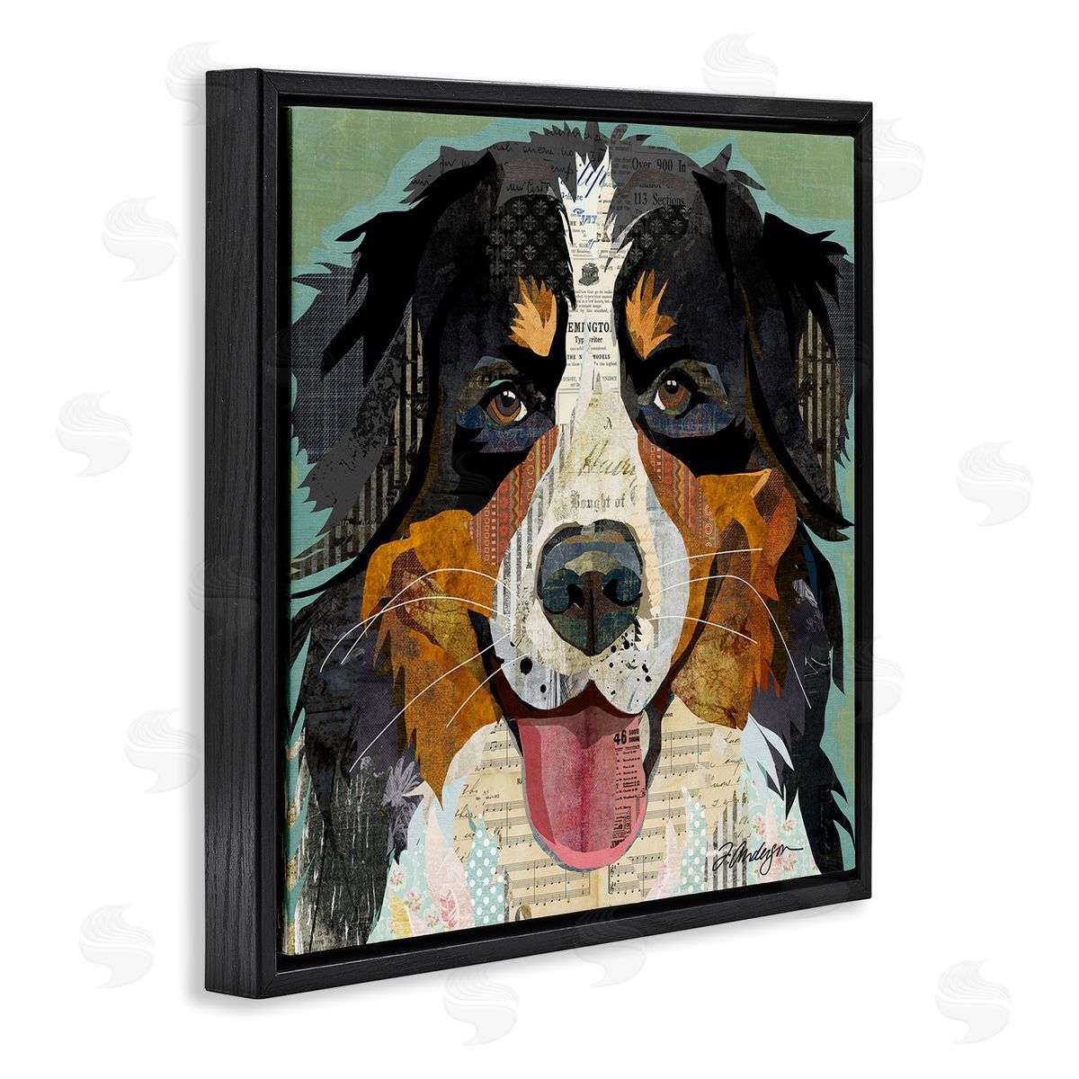 Bernese Mountain Dog Collage Black Floating Frame Canvas Wall Art, Home Decor by Traci Anderson