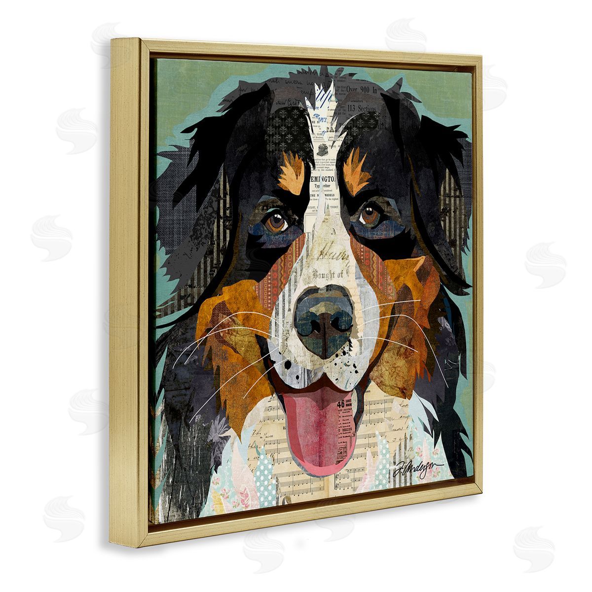 Bernese Mountain Dog Collage Gold Floating Frame Canvas Wall Art, Home Decor by Traci Anderson