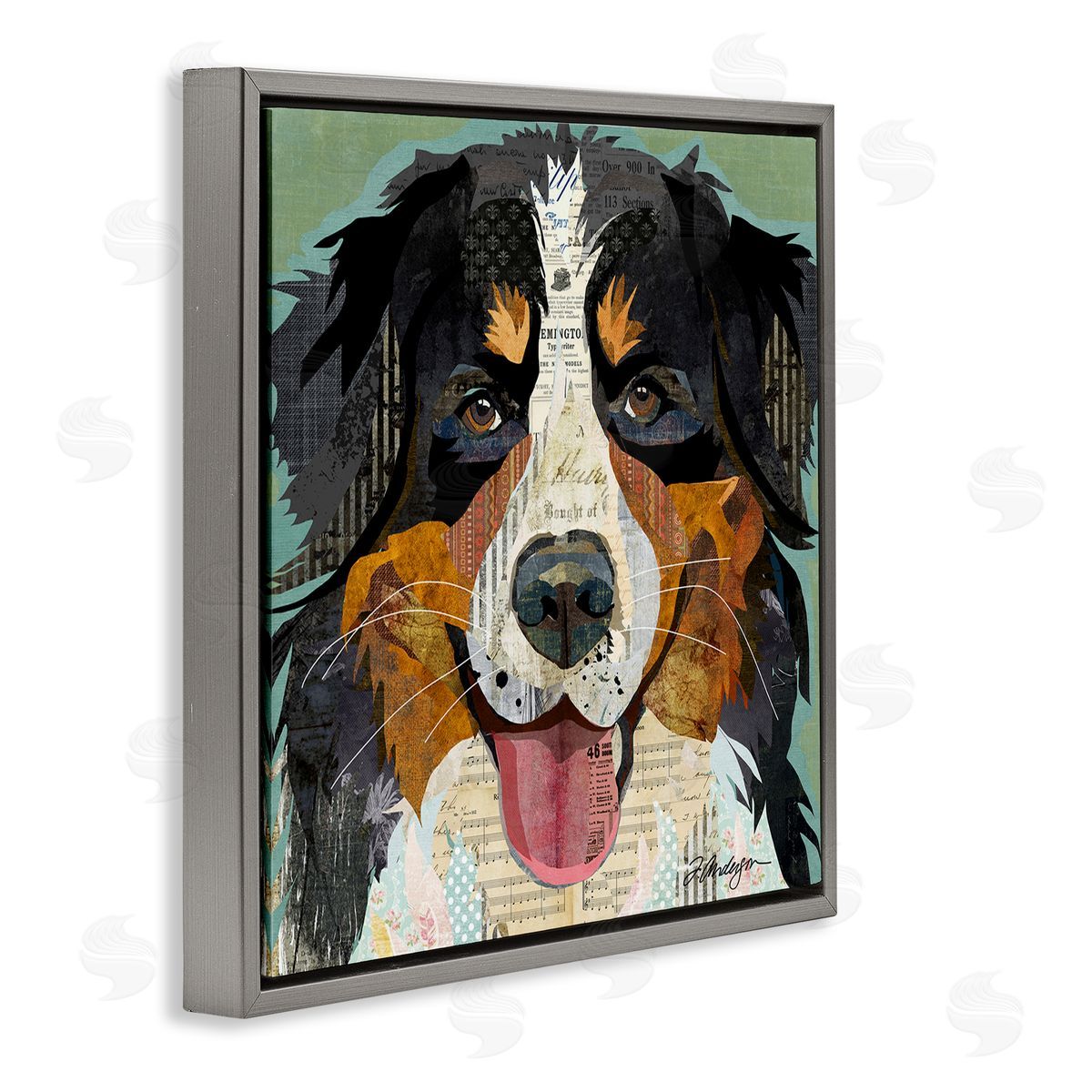 Bernese Mountain Dog Collage Grey Floating Frame Canvas Wall Art, Home Decor by Traci Anderson