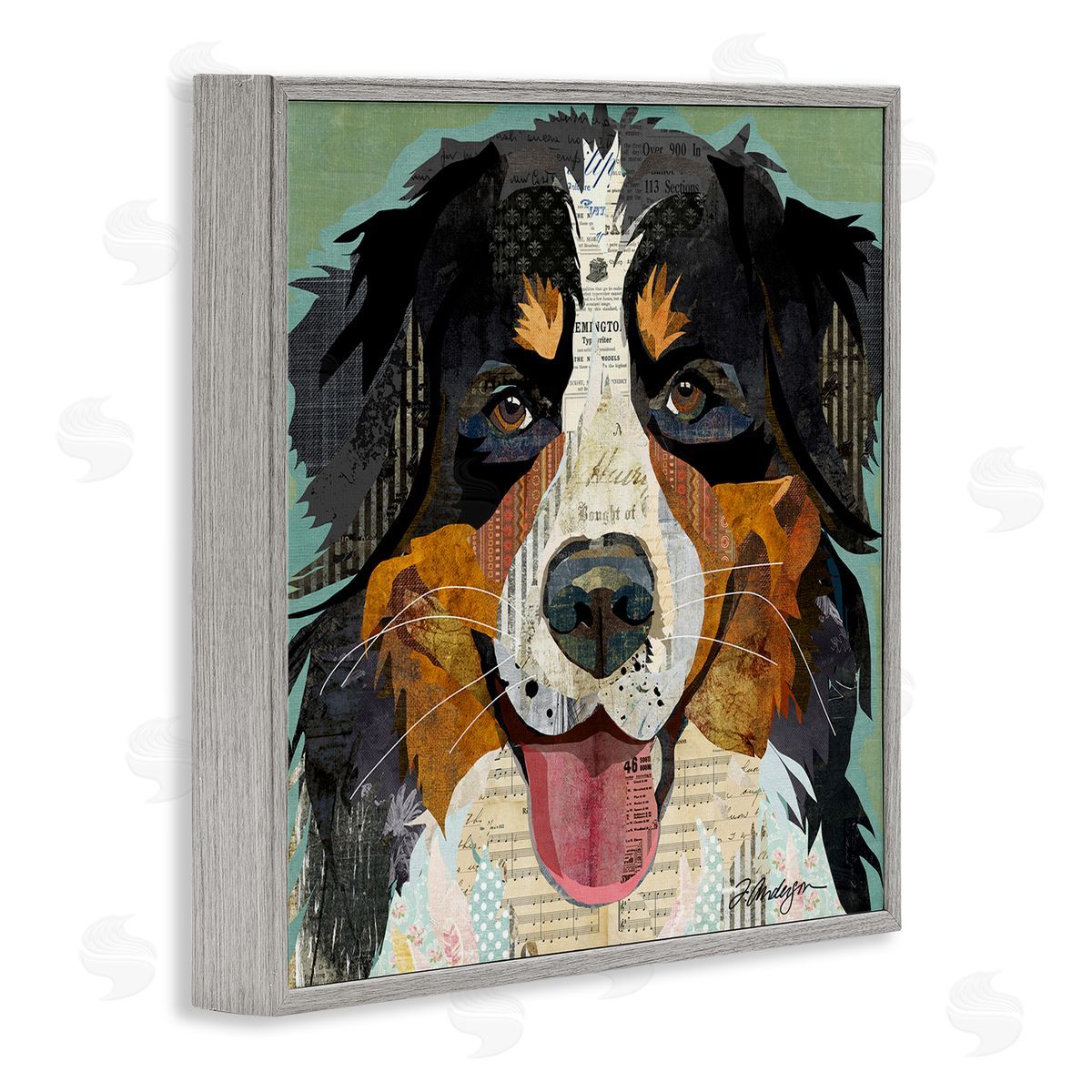 Bernese Mountain Dog Collage Grey Frame Print Wall Art, Home Decor by Traci Anderson