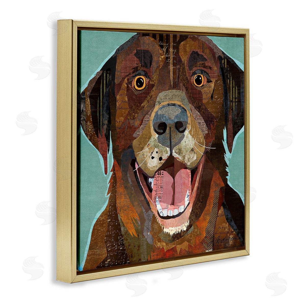 Traci Anderson Collaged Ephemera Dog Portrait Painting Brown Labrador   Gold Floating Frame Canvas Wall Art Print
