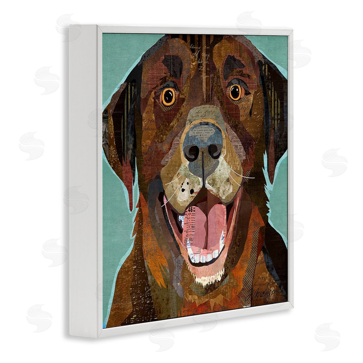 Traci Anderson Collaged Ephemera Dog Portrait Painting Brown Labrador   White Framed Glicee Wall Art Print
