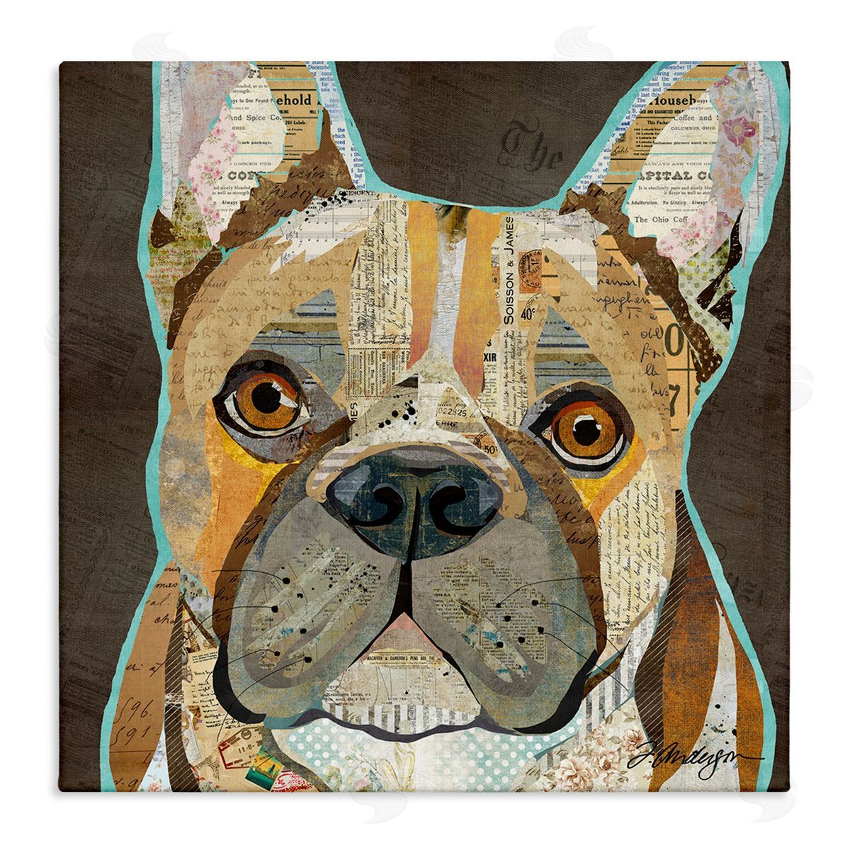 Traci Anderson Mixed Ephemera Animal Collage French Bulldog Portrait Stretched Canvas Wall Art Print