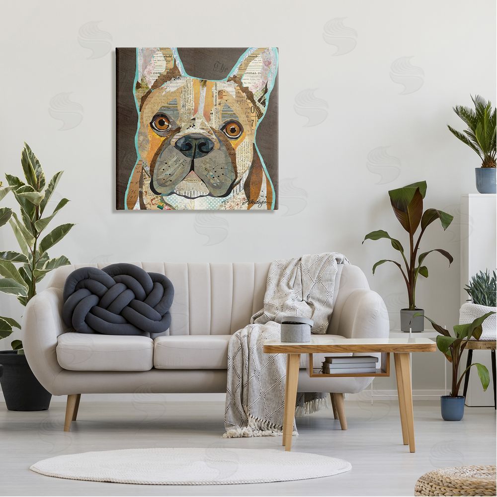 Traci Anderson Mixed Ephemera Animal Collage French Bulldog Portrait Canvas Wall Art in Room