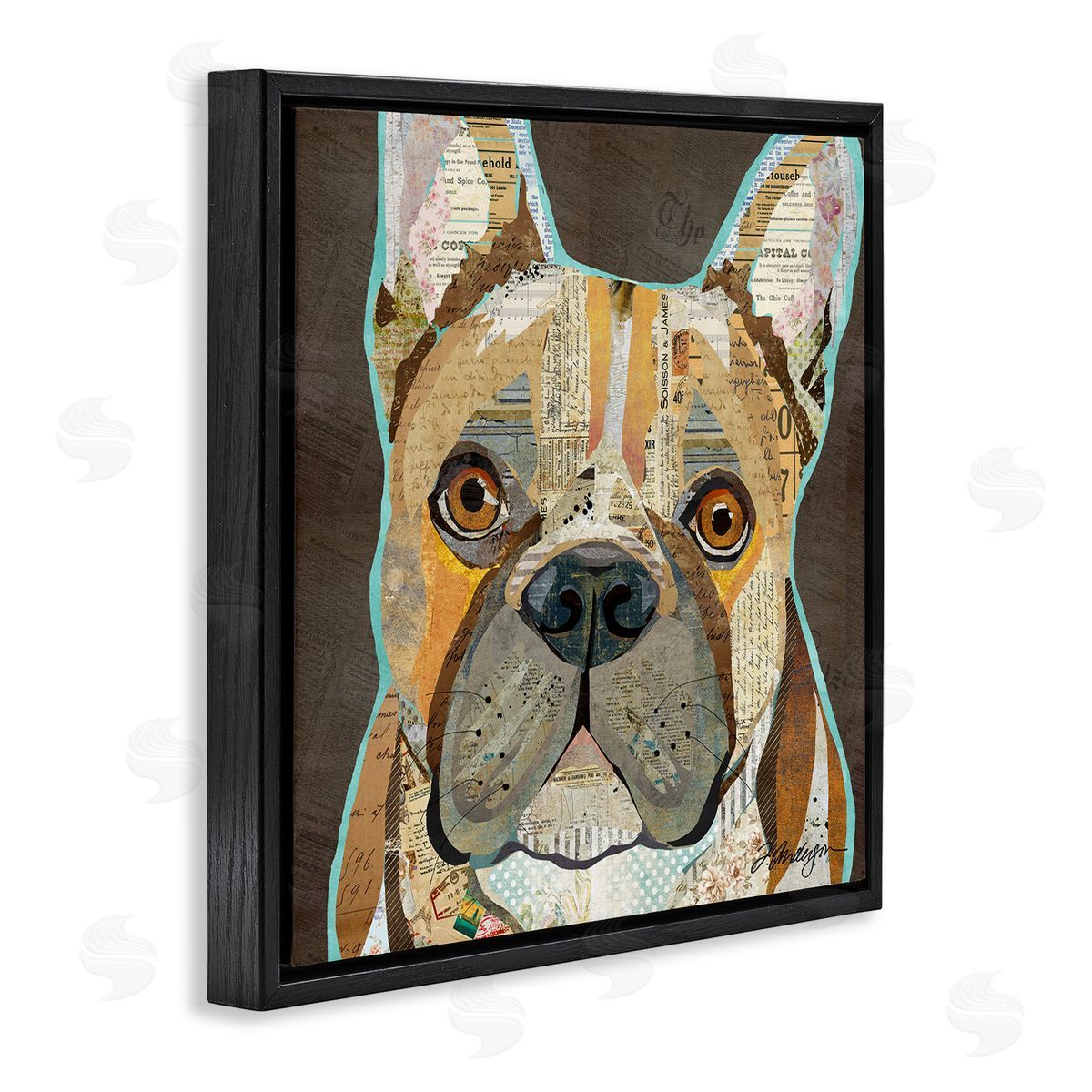 Traci Anderson Mixed Ephemera Animal Collage French Bulldog Portrait Black Floating Frame Canvas Wall Art Print
