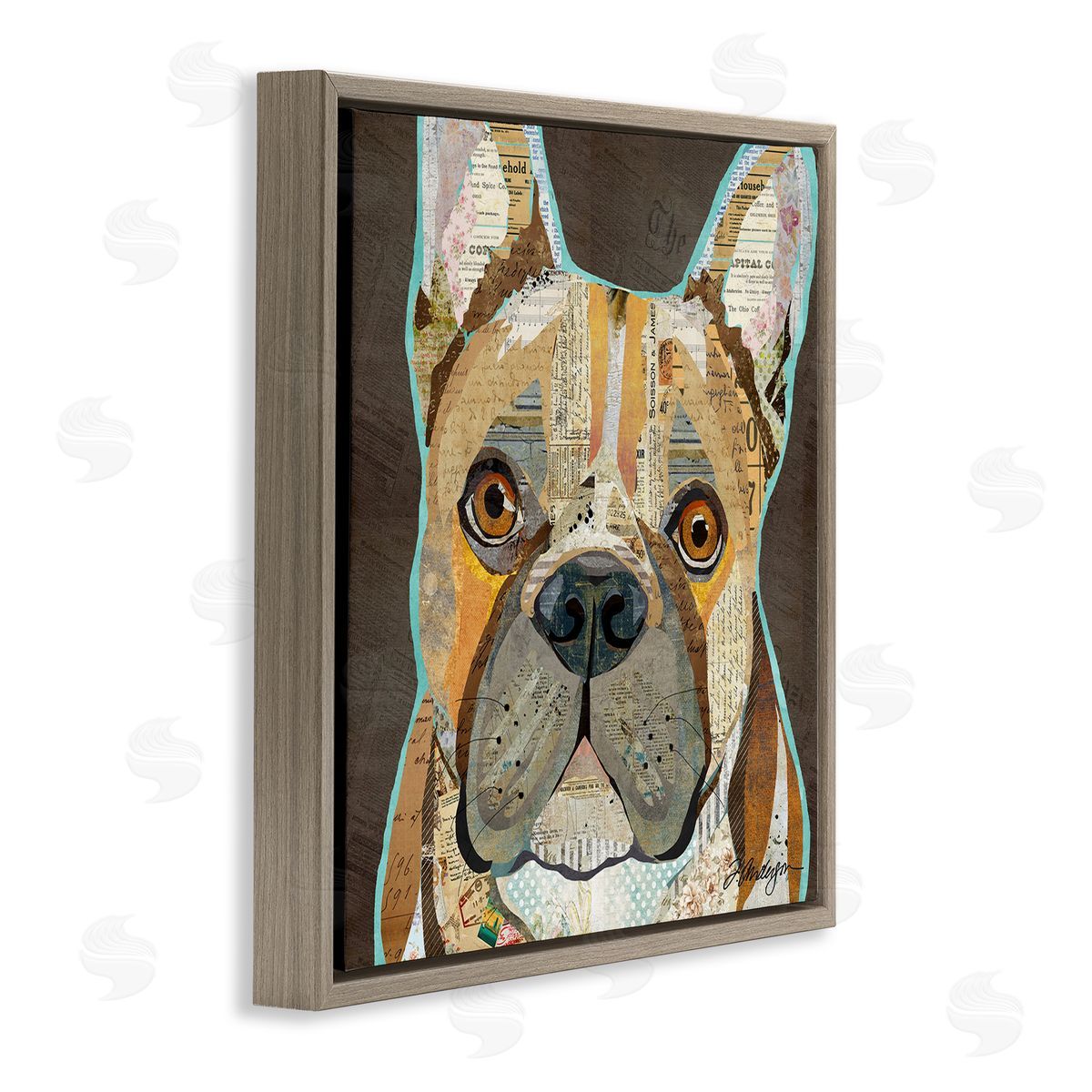 Traci Anderson Mixed Ephemera Animal Collage French Bulldog Portrait Brown Floating Frame Canvas Wall Art Print