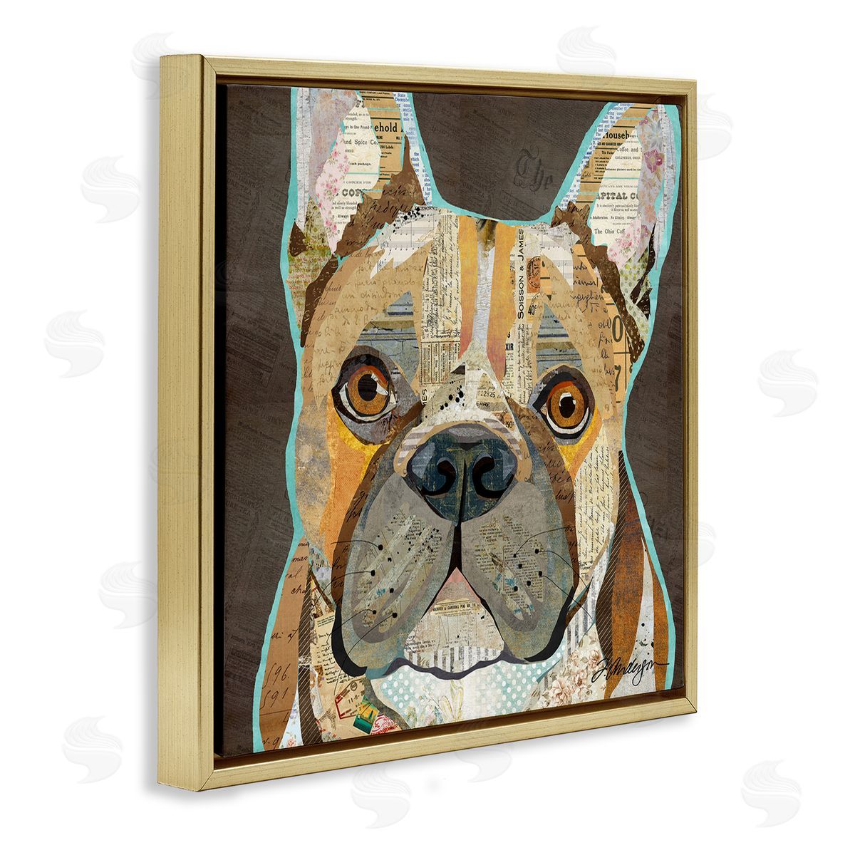 Traci Anderson Mixed Ephemera Animal Collage French Bulldog Portrait Gold Floating Frame Canvas Wall Art Print