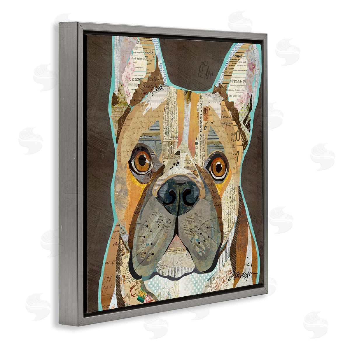 Traci Anderson Mixed Ephemera Animal Collage French Bulldog Portrait Gray Floating Frame Canvas Wall Art Print