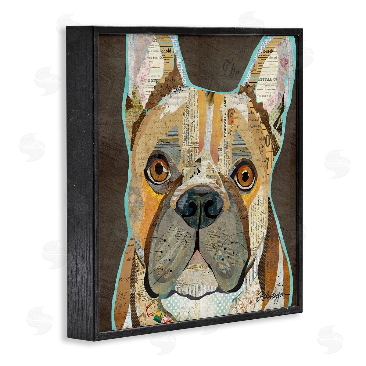 Traci Anderson Mixed Ephemera Animal Collage French Bulldog Portrait Black Framed Glicee Wall Art Print