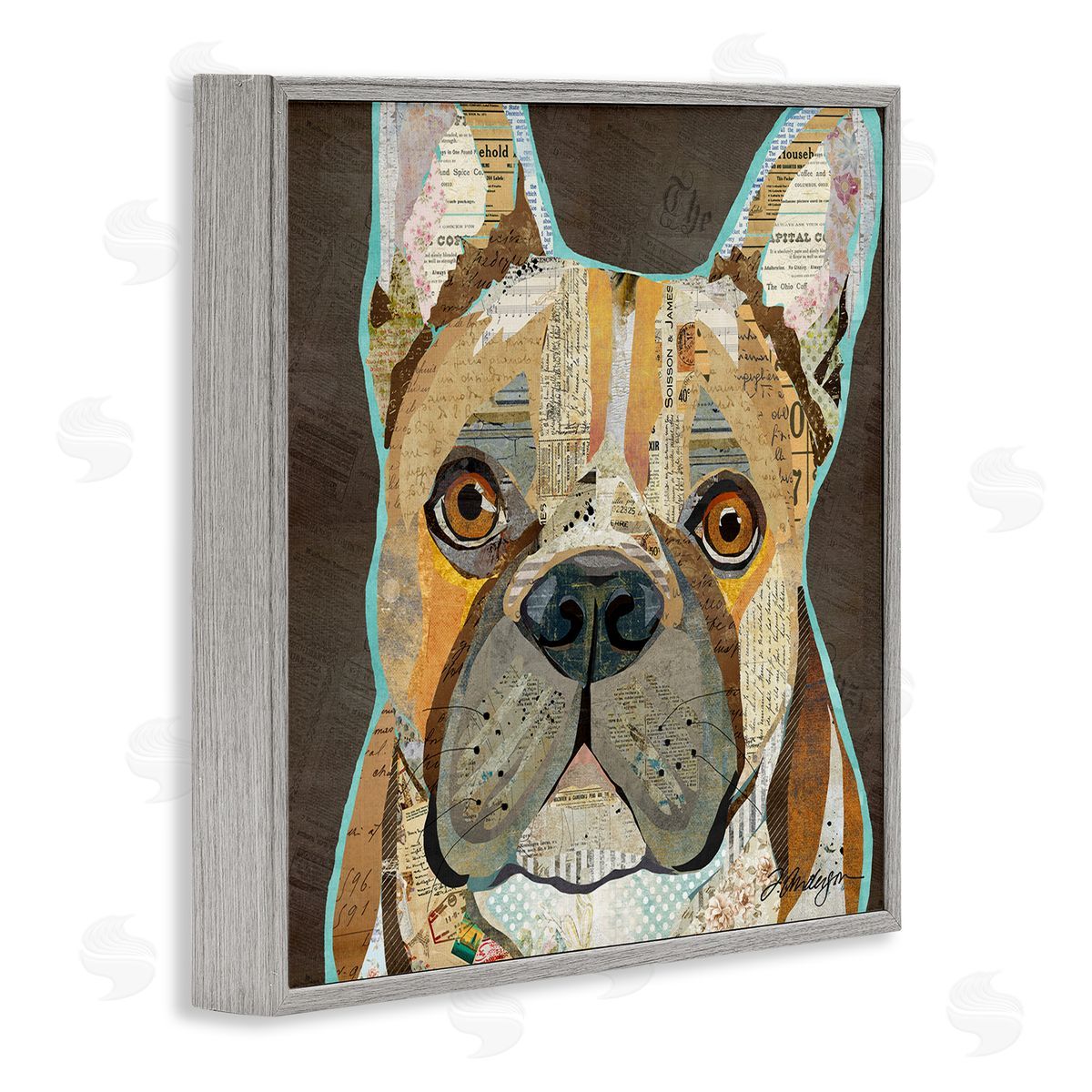 Traci Anderson Mixed Ephemera Animal Collage French Bulldog Portrait Gray Framed Glicee Wall Art Print