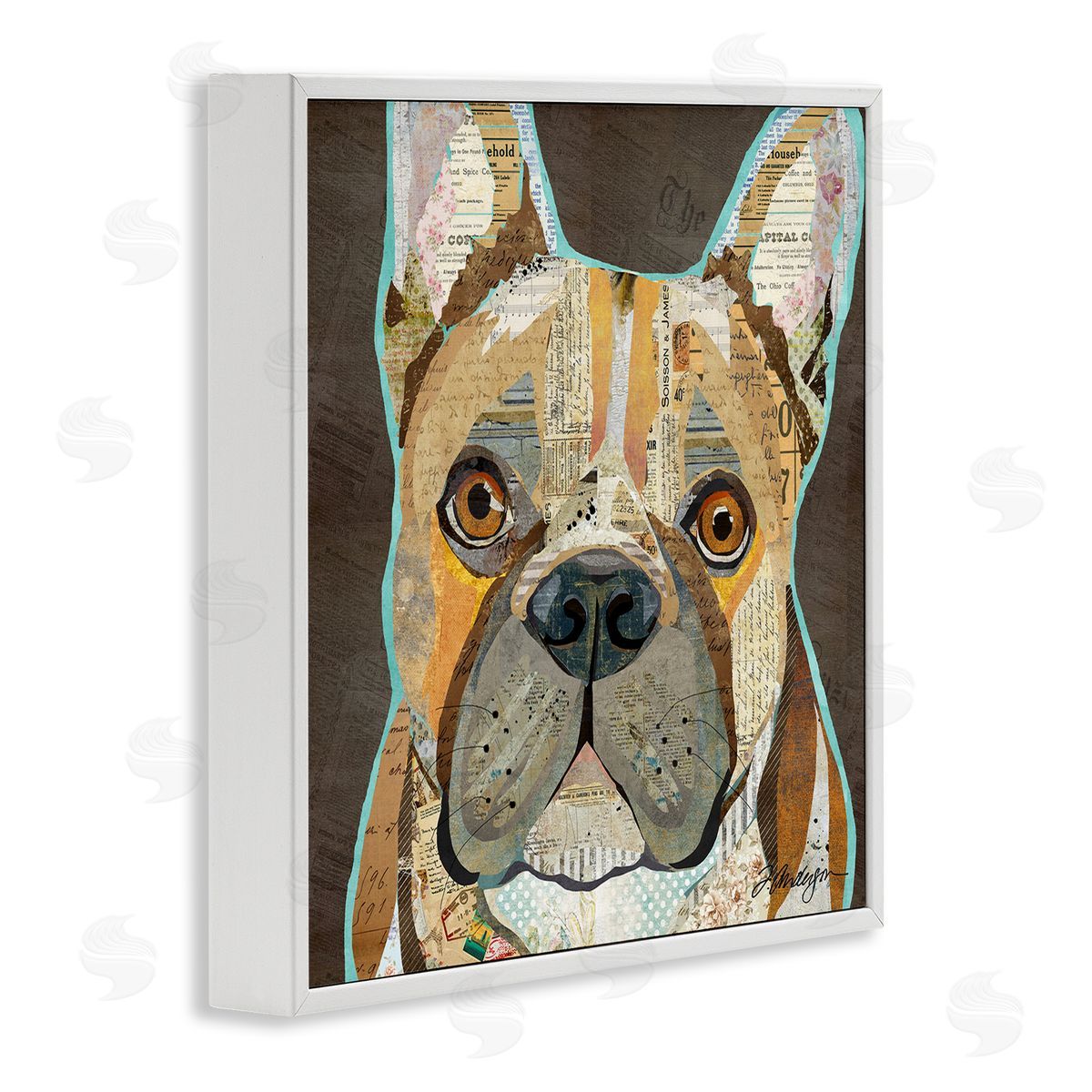 Traci Anderson Mixed Ephemera Animal Collage French Bulldog Portrait White Framed Glicee Wall Art Print